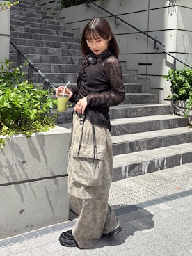 「w closet（ダブルクローゼット）の【5色展開】なみなみシアーカーデ（カーディガン/ボレロ、ブラック系）」を使った、みうさん（レディース・152cm）の春コーディネート
