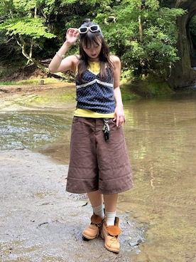 「w closet（ダブルクローゼット）のキャミセットタンク（Tank tops、イエロー系）」を使った、みうさん（レディース・152cm）の夏コーディネート