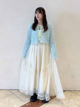 「w closet（ダブルクローゼット）のフリンジ前リボンボレロ（シャツ/ブラウス、ブルー系）」を使った、みうさん（レディース・152cm）の春コーディネート