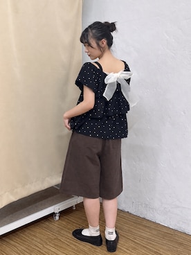 「w closet（ダブルクローゼット）の2WAYリボンブラウス（Shirts、ブラック系）」を使った、みうさん（レディース・152cm）の夏コーディネート