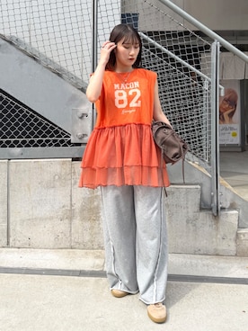 「w closet（ダブルクローゼット）のナンバリングギャザーT（Tシャツ/カットソー、オレンジ系）」を使った、みうさん（レディース・152cm）の夏コーディネート