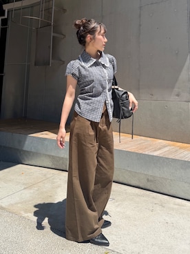 「w closet（ダブルクローゼット）の【セットアップ対応】丸衿チェックシャツ（Shirts、ブルー系）」を使った、みうさん（レディース・152cm）の夏コーディネート