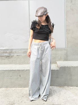 「w closet（ダブルクローゼット）のフリフリドットチュールTee（Tシャツ/カットソー、ブラック系）」を使った、みうさん（レディース・152cm）の夏コーディネート