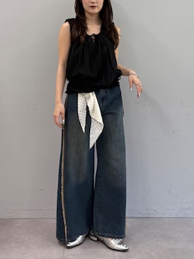 「w closet（ダブルクローゼット）の【セットアップ対応/ドット/無地】フリルギャザーノースリブラウス（Shirts、ブラック系）」を使った、みうさん（レディース・152cm）の夏コーディネート