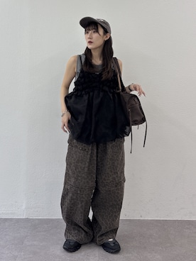「w closet（ダブルクローゼット）のシアーバルーンキャミ（キャミソール、ブラック系）」を使った、みうさん（レディース・152cm）の春コーディネート