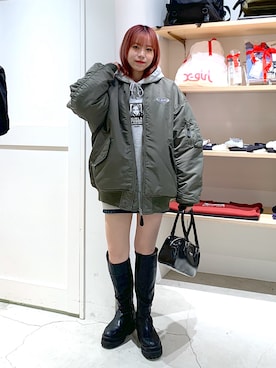 「x-girl_ootd」｜「アイテム（ジャケット/アウター）」を使った、古内 麻衣さん（レディース・157cm）の冬コーディネート