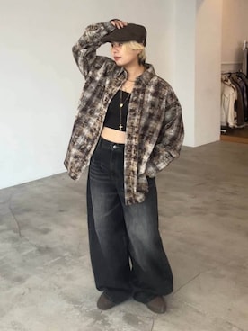 「PBLIM（ページボーイリム）の《UNISEX》スラブブリーチデニム（デニムパンツ）」を使った、shibaoutfitsさん（レディース・154cm）の秋コーディネート