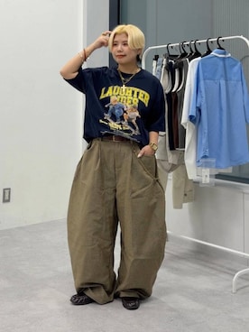 「PBLIM（ページボーイリム）の《UNISEX》スケボーキッズT フロントプリント / カレッジ（Tシャツ/カットソー、ブルー系）」を使った、shibaoutfitsさん（レディース・154cm）の夏コーディネート