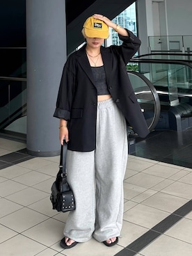 「PAGEBOY（ページボーイ）の【セットアップ対応】チェックMIXジャケット 《2サイズ展開》（テーラードジャケット）」を使った、shibaoutfitsさん（レディース・154cm）の夏コーディネート