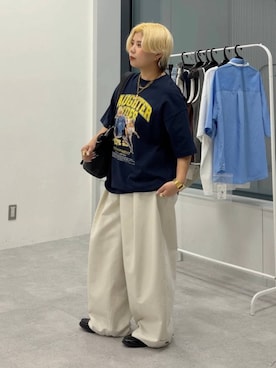 「PBLIM（ページボーイリム）の《UNISEX》チェックポケットワイドスラックス（スラックス、ベージュ系）」を使った、shibaoutfitsさん（レディース・154cm）の夏コーディネート