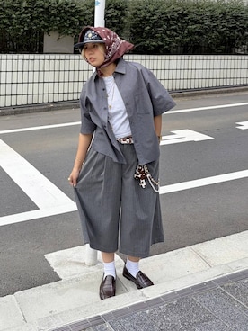 「PBLIM（ページボーイリム）の《UNISEX》チェッククロップドシャツ（シャツ/ブラウス、ブルー系）」を使った、shibaoutfitsさん（レディース・154cm）の夏コーディネート