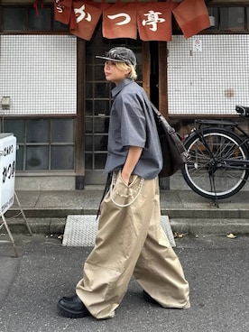 「PBLIM（ページボーイリム）の《UNISEX》チェッククロップドシャツ（シャツ/ブラウス、ブルー系）」を使った、shibaoutfitsさん（レディース・154cm）の春コーディネート