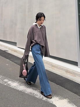 「CIAOPANIC TYPY（チャオパニックティピー）の【WEB限定/大人見え】襟配色カラーシアースラブワイドラガーロンTee（Tシャツ/カットソー、グレー系）」を使った、yunaさん（レディース・153cm）の春コーディネート