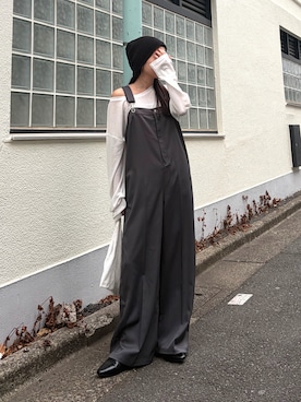 「WILLOW（ウィロー）の【willow】スラックスサロペット（サロペット/オーバーオール、グレー系）」を使った、yunaさん（レディース・153cm）の春コーディネート