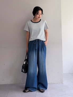 「CIAOPANIC TYPY（チャオパニックティピー）のZOZO限定ピンボーダーリンガーTee（Tシャツ/カットソー、ホワイト系）」を使った、yunaさん（レディース・153cm）の夏コーディネート