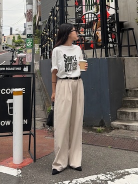 「CIAOPANIC TYPY（チャオパニックティピー）の【UNISEX】【プラスサイズあり】スラブ天竺ピグメントロゴTEE（Tシャツ/カットソー、ホワイト系）」を使った、yunaさん（レディース・153cm）の春コーディネート