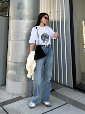 「CIAOPANIC TYPY（チャオパニックティピー）の【WEB限定】ムーンクレーターロゴプリントTee（Tシャツ/カットソー、ホワイト系）」を使った、yunaさん（レディース・153cm）の夏コーディネート