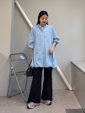 「CIAOPANIC TYPY（チャオパニックティピー）の【羽織としても◎】アソート柄裾バルーンチュニックブラウス（シャツ/ブラウス、ブルー系）」を使った、yunaさん（レディース・153cm）の春コーディネート