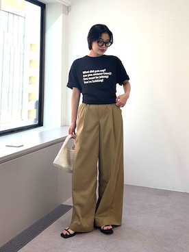 「CIAOPANIC TYPY（チャオパニックティピー）の【UNISEX】【プラスサイズあり】ポコポコメッセージロゴTEE（Tシャツ/カットソー、ブラック系）」を使った、yunaさん（レディース・153cm）の夏コーディネート