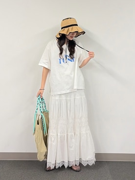 「CIAOPANIC TYPY（チャオパニックティピー）の:【UV対応】柔らか配色たためるジュートフリルハット（ハット、ベージュ系）」を使った、yunaさん（レディース・153cm）の春コーディネート