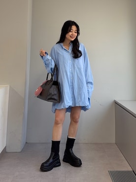 「CIAOPANIC TYPY（チャオパニックティピー）のアソート柄裾バルーンチュニックブラウス（シャツ/ブラウス、ブルー系）」を使った、yunaさん（レディース・153cm）の春コーディネート