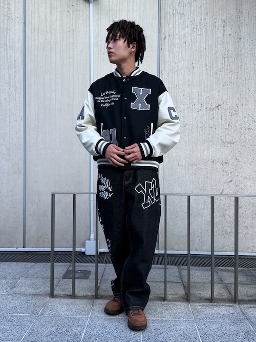 X-LARGE エクストララージ スタジャン 袖レザー L 緑 LA ワッペン X