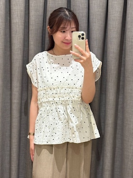 「LOWRYS FARM（ローリーズファーム）のバスケットワイドパンツ 637610（スラックス、ベージュ系）」を使った、mimuさん（レディース・154cm）の夏コーディネート