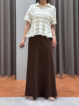 「LOWRYS FARM（ローリーズファーム）のストレッチサテンスカート　 290120（スカート、ブラウン系）」を使った、mimuさん（レディース・154cm）の夏コーディネート