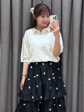 「LOWRYS FARM（ローリーズファーム）のブークレニットポロＳＳ 669414（Tシャツ/カットソー、ホワイト系）」を使った、mimuさん（レディース・154cm）の夏コーディネート