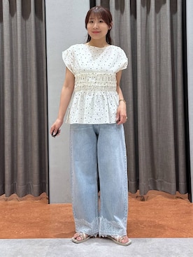 「LOWRYS FARM（ローリーズファーム）のレースデニム　601055（デニムパンツ、ブルー系）」を使った、mimuさん（レディース・154cm）の夏コーディネート