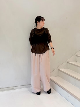 「KBF（ケイビーエフ）のルーズシアートップス+ストラップ（Tシャツ/カットソー、ブラウン系）」を使った、うえさん（レディース・154cm）の秋コーディネート