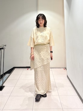 「KBF（ケイビーエフ）のオーバーサイズプリントTEE（Tシャツ/カットソー、ホワイト系）」を使った、うえさん（レディース・154cm）の春コーディネート