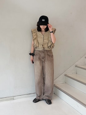 「KBF（ケイビーエフ）のアイテム（帽子）」を使った、うえさん（レディース・154cm）の夏コーディネート