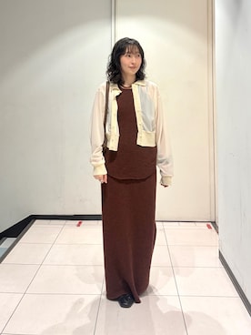 「KBF（ケイビーエフ）のメランジRIBタンクトップ（タンクトップ、ブラウン系）」を使った、うえさん（レディース・154cm）の春コーディネート