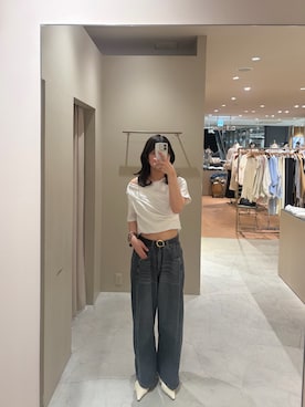 「mystic（ミスティック）の【5色展開◎】レースドッキングオフショル半袖Tシャツ（Tシャツ/カットソー、ホワイト系）」を使った、airiさん（レディース・160cm）の夏コーディネート