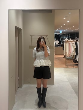 「lilium by lily（リリウムバイリリー）の【lilium by lily】ペプラム襟パフニット（ニット/セーター、グレー系）」を使った、airiさん（レディース・160cm）の夏コーディネート