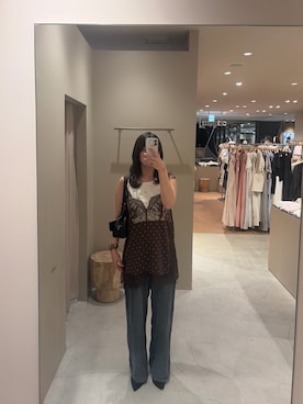 「mystic（ミスティック）のスリットサテンレースキャミ（キャミソール、ブラウン系）」を使った、airiさん（レディース・160cm）の夏コーディネート