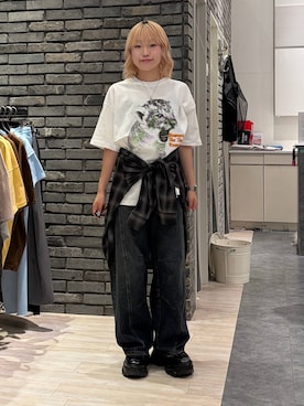 「PBLIM（ページボーイリム）の《UNISEX》シャウトアニマルT（Tシャツ/カットソー、ホワイト系）」を使った、nya2kichanさん（レディース・158cm）の夏コーディネート
