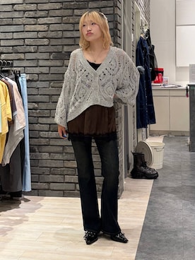「PAGEBOY（ページボーイ）のレザーライクレースドッキングキャミ（キャミソール、ブラウン系）」を使った、nya2kichanさん（レディース・158cm）の秋コーディネート