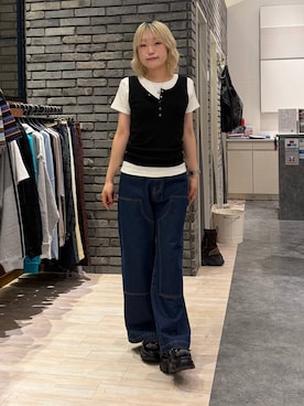 「PBLIM（ページボーイリム）の《UNISEX/３サイズ展開》ペインターバギデニム（デニムパンツ、ブルー系）」を使った、nya2kichanさん（レディース・158cm）の春コーディネート