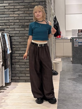 「PBLIM（ページボーイリム）の《UNISEX》ダブルウエストチェックパンツ（その他パンツ、ブラウン系）」を使った、nya2kichanさん（レディース・158cm）の夏コーディネート