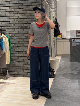 「PBLIM（ページボーイリム）の《UNISEX/３サイズ展開》ペインターバギデニム（デニムパンツ、ブルー系）」を使った、nya2kichanさん（レディース・158cm）の春コーディネート
