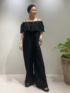 「LOUNGEDRESS（ラウンジドレス）のコットンレースオールインワン（つなぎ/オールインワン、ブラック系）」を使った、kuuusanさん（レディース・157cm）の夏コーディネート