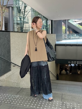 「LOUNGEDRESS（ラウンジドレス）の《オンオフ着られる/二の腕カバー》肩タックシルケットノースリ（Tシャツ/カットソー、グレー系）」を使った、kuuusanさん（レディース・157cm）の夏コーディネート