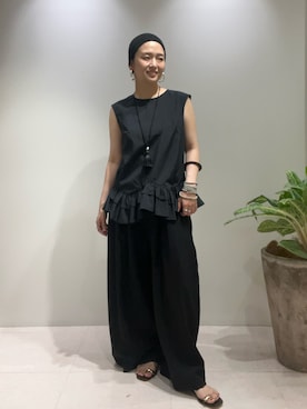 「LOUNGEDRESS（ラウンジドレス）のランダムフリルブラウス（シャツ/ブラウス、ブラック系）」を使った、kuuusanさん（レディース・157cm）の夏コーディネート