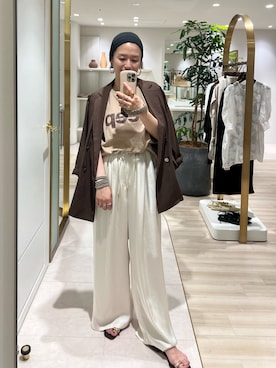 「LOUNGEDRESS（ラウンジドレス）のリネンライクシアージャケット（テーラードジャケット、ブラウン系）」を使った、kuuusanさん（レディース・157cm）の春コーディネート