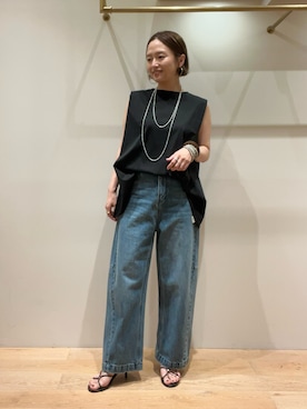 「LOUNGEDRESS（ラウンジドレス）の《オンオフ着られる/二の腕カバー》肩タックシルケットノースリ（Tシャツ/カットソー、ブラック系）」を使った、kuuusanさん（レディース・157cm）の夏コーディネート