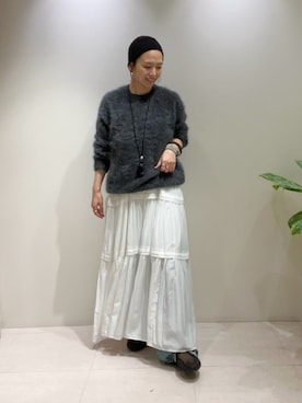 「LOUNGEDRESS（ラウンジドレス）のファーカシミヤミンクライククルーニット（ニット/セーター、グレー系）」を使った、kuuusanさん（レディース・157cm）の夏コーディネート