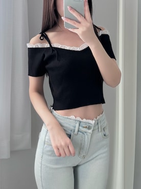 「GRL（グレイル）のアイテム（Tシャツ/カットソー、ブラック系）」を使った、mameさん（レディース・155cm）の春コーディネート