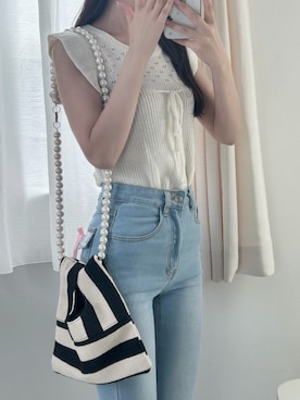 「florist（フローリスト）の【Instagramでバズってる】【2Way】パールチェーンのストライプ柄 or チェック柄ミニショルダーバッグ/ハンドバッグ（ショルダーバッグ）」を使った、mameさん（レディース・155cm）の夏コーディネート